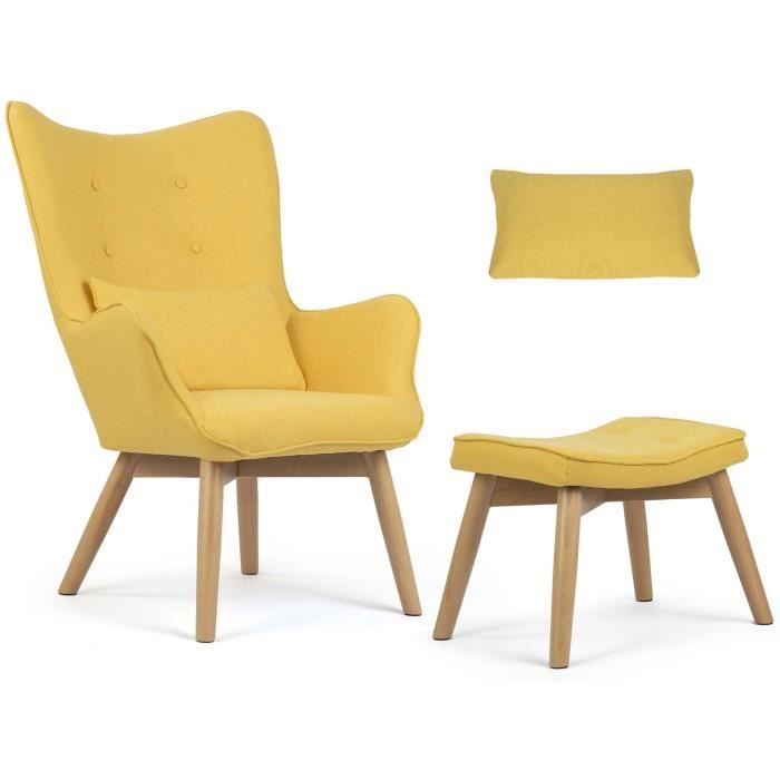 Fauteuil à oreilles nordique - JANSPORT - Avec repose-pieds - Jaune - Style scandinave - Confortable - Avec oreiller