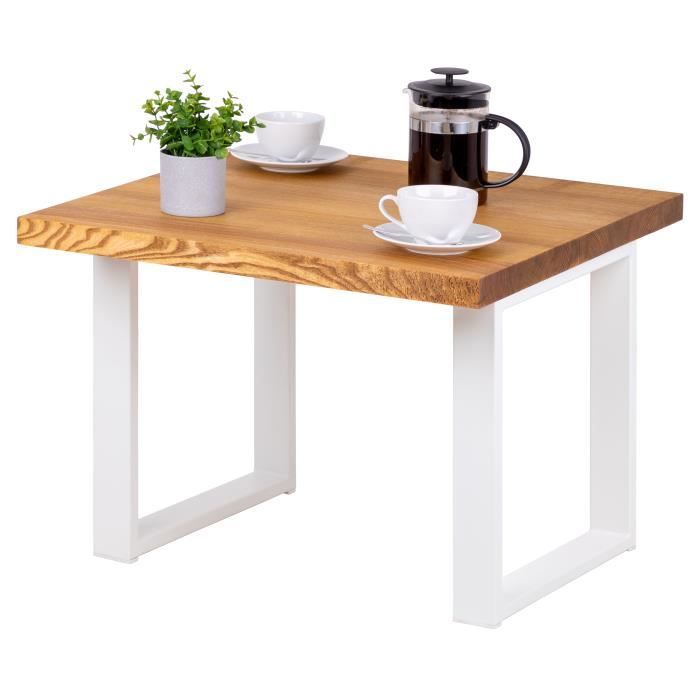 lamo manufaktur table basse industrielle - bois massif - salon - 60x60x47cm - frêne rustique - pieds métal blanc - modèle modern
