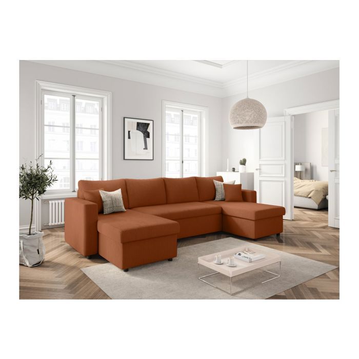 Canapé panoramique 6 places MARIA convertible avec 2 coffres en velours côtelé - Terracotta - L295 x P146 x H81cm - LOUNGITUDE Canapé panoramique 6 places MARIA convertible avec 2 coffres en velours côtelé - Terracotta - L295 x P146 x H81cm - LOUNGITUDE