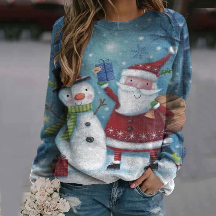 Femmes Chemises De Noël Imprimé À Manches Longues Ras Du Cou Sweat Léger Pull Graphique Hauts 
