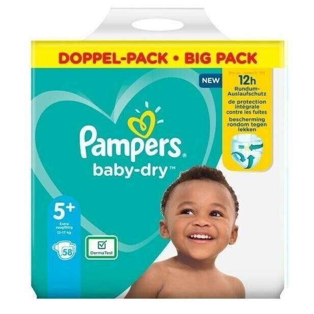 Pampers Baby Dry Taille 5+ Junior Plus 12-17kg 58 Couches - Cdiscount  Puériculture & Eveil bébé