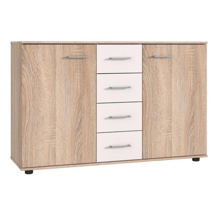 Commode meuble de rangement coloris imitation chêne rechampis blanc - Longueur 130 x Hauteur 83 x Profondeur 41 cm Commode meuble de rangement coloris imitation chêne rechampis blanc - Longueur 130 x Hauteur 83 x Profondeur 41 cm