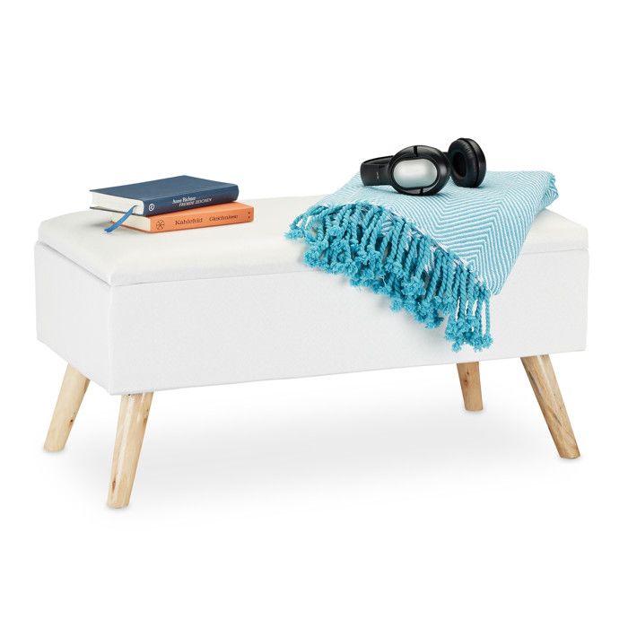 Relaxdays Banc de rangement rembourré pieds en bois coffre avec revêtement en tissu 39 5 x 79 5 x 39 cm blanc