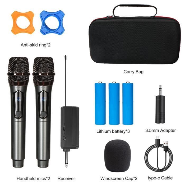 Mic karaoké dynamique sans fil,2 canaux,batterie 1200mAh,UHF,pour fête