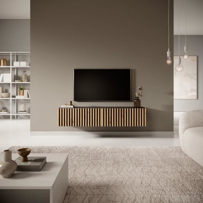 Meuble TV - TELIRE - Meuble TV 140 cm noir avec façade artisanale chêne fraisé