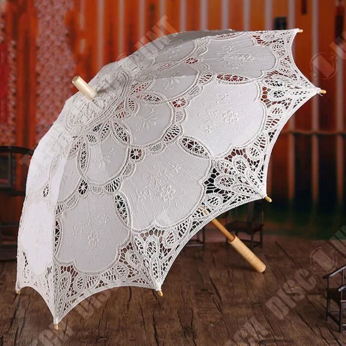 TD® Chic parapluie en bois avec dentelles fait à la main pour femmes - parapluie moderne pour mariage et pour mariée Decor blanc