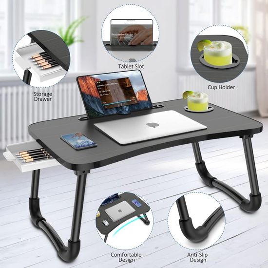 Table de Lit Portable, avec Porte Gobelet Bureau Petit déjeuner réglable et  Portable pour Lit, Canapé, Sol 60x40cm - Cdiscount Informatique