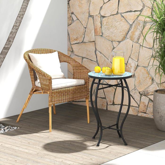 Table D'Appoint Jardin Mosaïque Noir Et Blanc - Diamètre 30 Cm, Hauteur 60 Cm - Pieds Courbes En Fer, Plateau Céramique