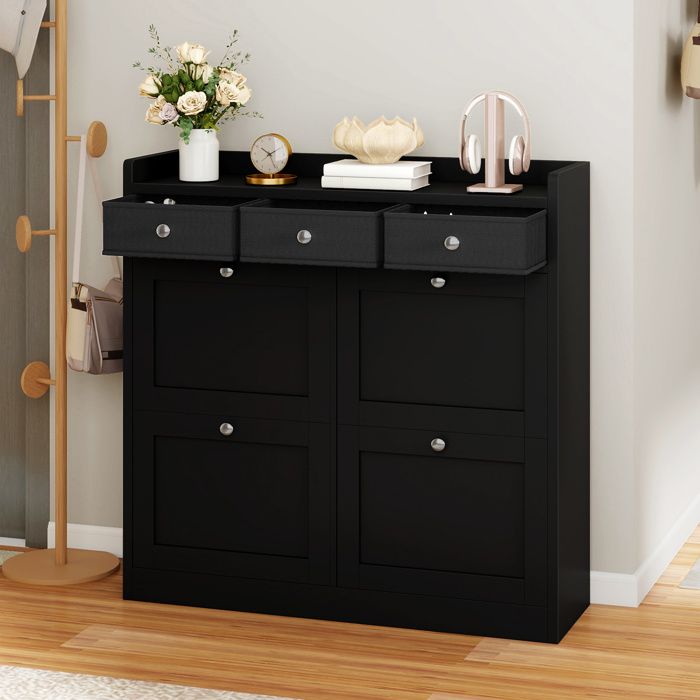 Meuble à Chaussures Noir Avec 2 Tiroirs, 4 Portes Et Rangement Ouvert, Pieds En Métal - Meuble à Chaussures