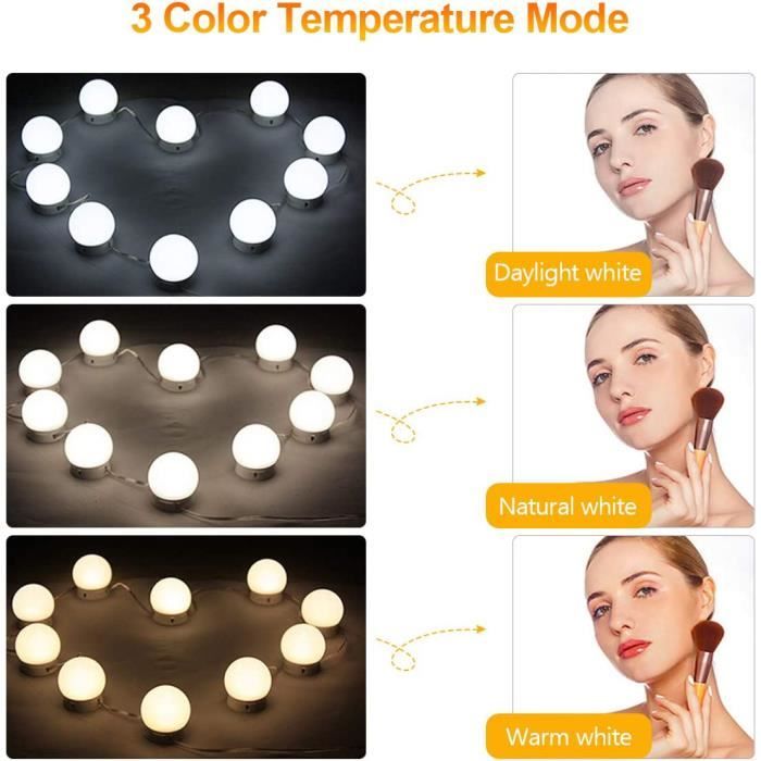 Deco Kit d'éclairage de Miroir de courtoisie à LED Hollywood Style 10  Ampoules à intensité Variable, 3 Tons de Couleur avec Alimentation USB (10