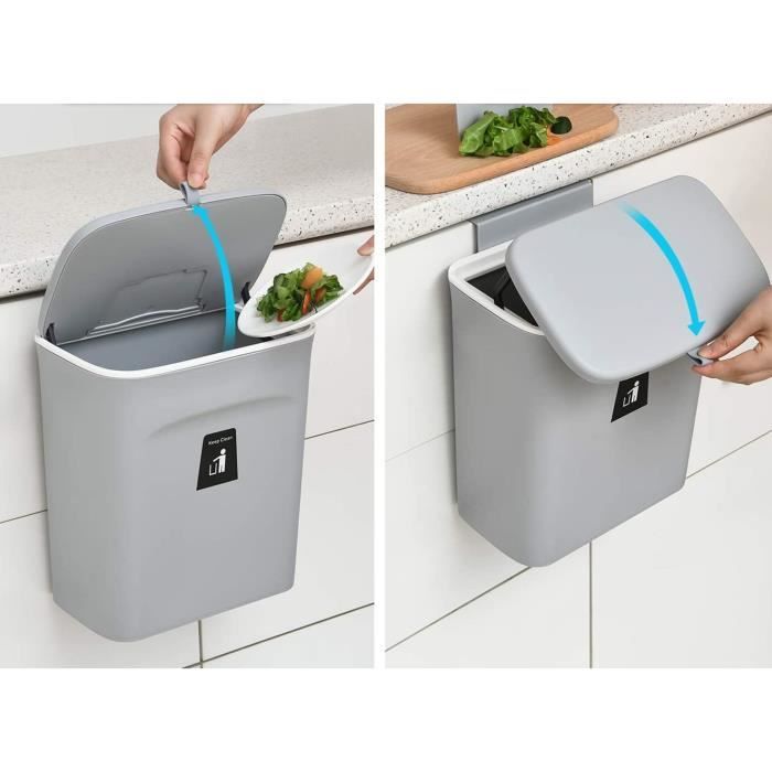 Poubelle Murale 9L Avec Couvercle | Bac à Compost Pour Cuisine, Salle De Bain - Gris, Accroche Porte