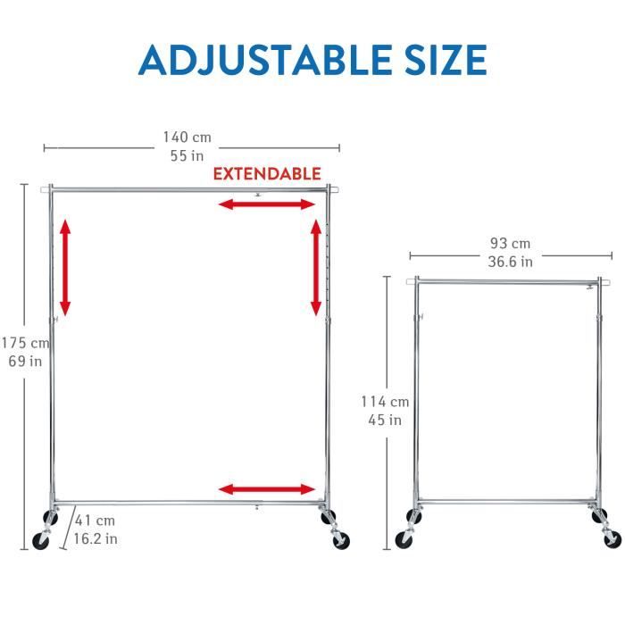 Tatkraft Falcon Portant Vêtements Sur Roulettes – Acier Robuste, Réglable 105-176 Cm Largeur & 137,5-187 Cm Hauteur, 45 Cintres Inclus