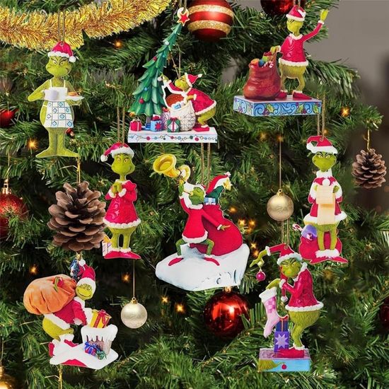 Lot De 17 Décorations De Noël Grinch 2D à Suspendre - Pour Sapin, Couronne Ou Porte - En Acrylique Coloré Avec Corde Dorée