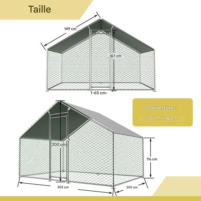 Cage à Poulailler UISEBRT 3x4x2m - Enclos Extérieur Avec Toit Polyéthylène Pour Volailles, Lapins, Chiens