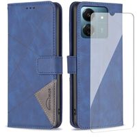 Verre trempé+Coque pour Xiaomi Redmi 13C 4G/5G/POCO C65 Case, Housse en Cuir PU Portefeuille Étui [Magnétique] [Fentes Cartes]-Bleu