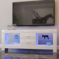 Meuble TV Blanc Brillant, Meuble TV LED Contemporain avec Tiroirs et Armoire, 130 x 35 x 50 cm