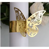 100pcs Rond de Serviette 3D Papillon en Papier Anneau de Serviette Boucle Décoration de Table pour Mariage Anniversaire Noël, Doré