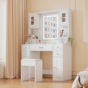 Coiffeuse avec éclairage LED réglable, 2 prises CA et 2 ports USB Coiffeuse avec éclairage LED réglable, 2 prises CA et 2 ports USB