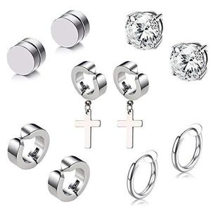 Fu You 6 Paires Acier Inoxydable Boucles doreilles Magn/étique Homme Femme Boucle d Oreille Aimant sans Trou Fausse Boucle doreille Clip Non Piercing Diamant Zirconium Ronde Clou Argent Or Noir 8MM