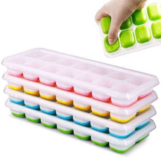 Kurtzy Lot De 4 Bacs à Glaçons En Silicone Avec Couvercle - Moules Empilables Pour 60 Glaçons, Idéal Bébé, Cocktails, Whisky & Eau - Sans BPA