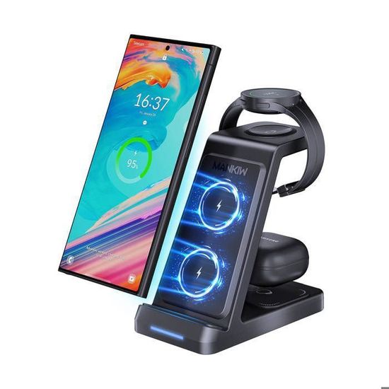 Support Chargeur Voiture Sans Fil MANKIW - Charge Rapide 15W, Serrage Auto, Rotation 360°, Lumières RGB - Compatible IPhone, Samsung