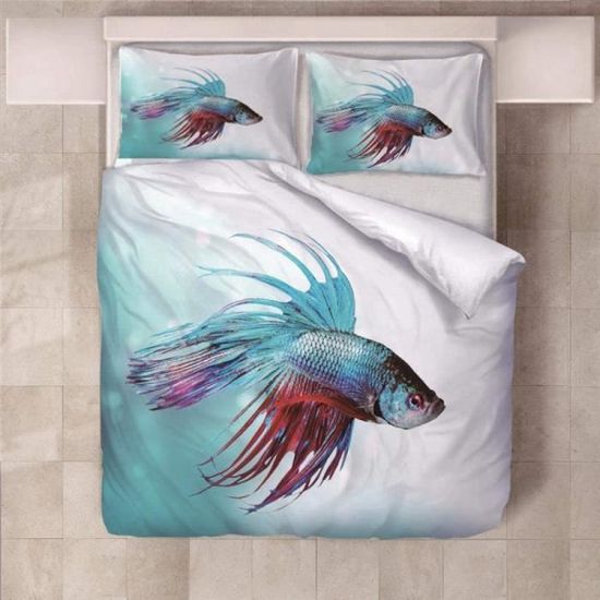 Housse de Couette Poisson Bleu Parure de lit Couette avec 2 Taies d