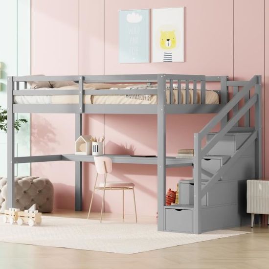 Lit Mezzanine Enfant 90x200/140x200cm Bois Massif Blanc - Échelle Rangement, 2 Tiroirs, Barrière Sécurité - Lit Superposé évolutif
