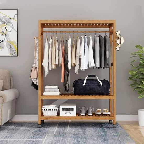 Porte-manteau double barre avec étagères et roues, cintre en métal