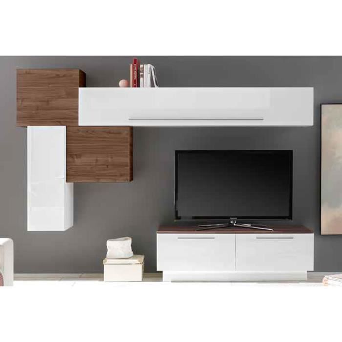 LUDOVICA 10 LAQUE BLANC ET NOYER FONCE ENSEMBLE COMPOSITION MURALE MEUBLE TV TENDANCE