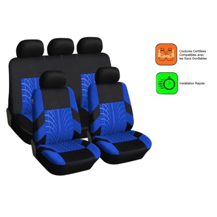 Housses De Siege Universelles Tissu Bleu et Noir De Haute Qualite Divise en 9 Pieces Pour Plusieurs Modeles