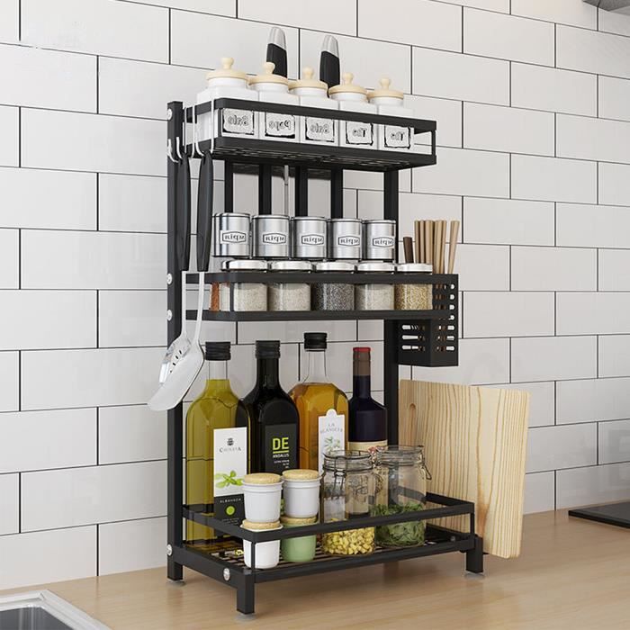 YIS Noir Étagère à Epice en Acier à 3 Étages - Multi-fonction Étagère de Rangement pour Cuisine - Avec Support de planche à découper