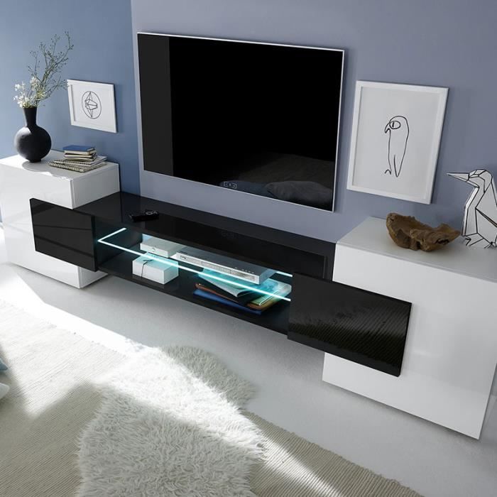 Meuble tv design blanc et noir laqué LUXOR Avec éclairage