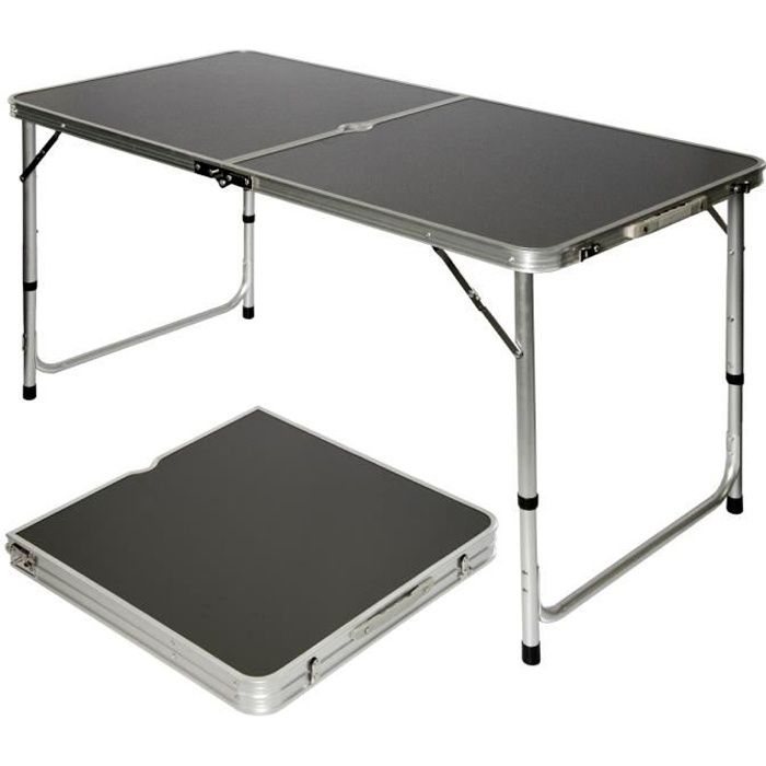 Table de camping 120x60cm en Aluminium Gris foncé Hauteur réglable Format mallette