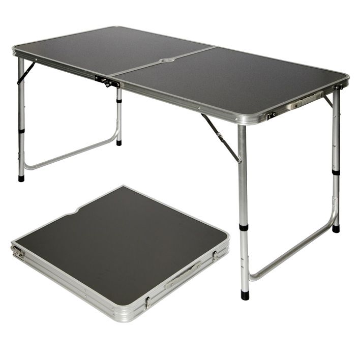 Table de camping 120x60cm en Aluminium Gris foncé Hauteur réglable Format mallette