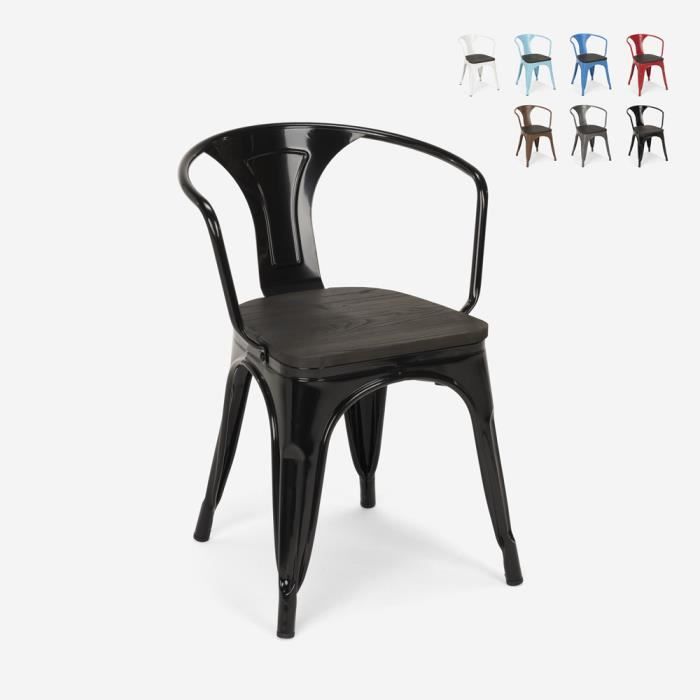 Chaises design industriel en bois et métal de style Tolix Cuisines de bar Steel Wood Arm, Couleur: Noir
