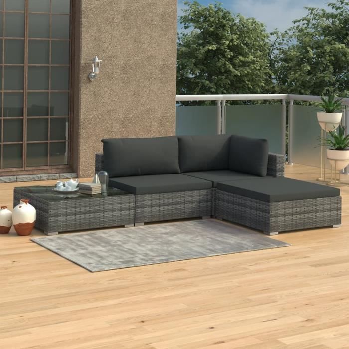 Salon de jardin 4 pcs - Meuble de jardin - Salon Bas De Jardin avec coussins - Résine tressée Gris Parfait #529301