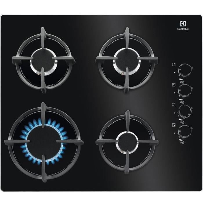 ELECTROLUX KGG6407K Plaque de cuisson gaz - 4 foyers - L 59 x P 51 cm - 7800 W - Revêtement verre - Noir