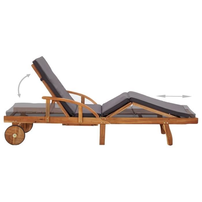 CES Chaise longue/Bains de soleil - avec coussin - Bois d'acacia solide - 200 x 68 x 30- 83 cm - bois clair et gris foncé