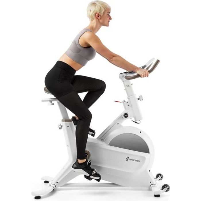 Capital Sports Aeris Vélo d'appartement avec pulsomètre intégré - volant inertie 18 kg - 8 résistances magnétiques - blanc