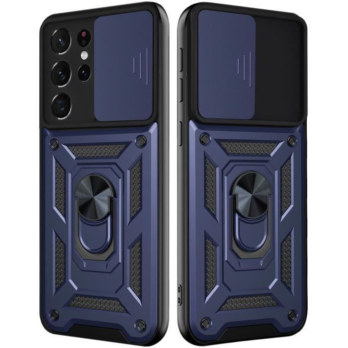 Coque pour Samsung Galaxy S21 Ultra TPU en PC Antichoc Case avec Protection pour Appareil Photo Coulissante,Bleu