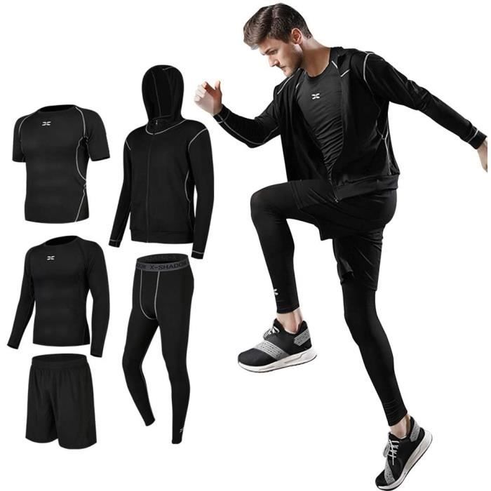 Ensembles De Sport de Suduation de Fitness Vêtements Entraînement Doux Séchage Rapide Respirant Course à Pied pour Homme 5 pcs Noir