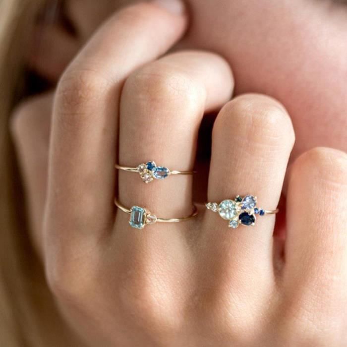 3 pièces/ensemble bague plaqué or jaune , bleu cz design Halo enchanteur, tailles 57