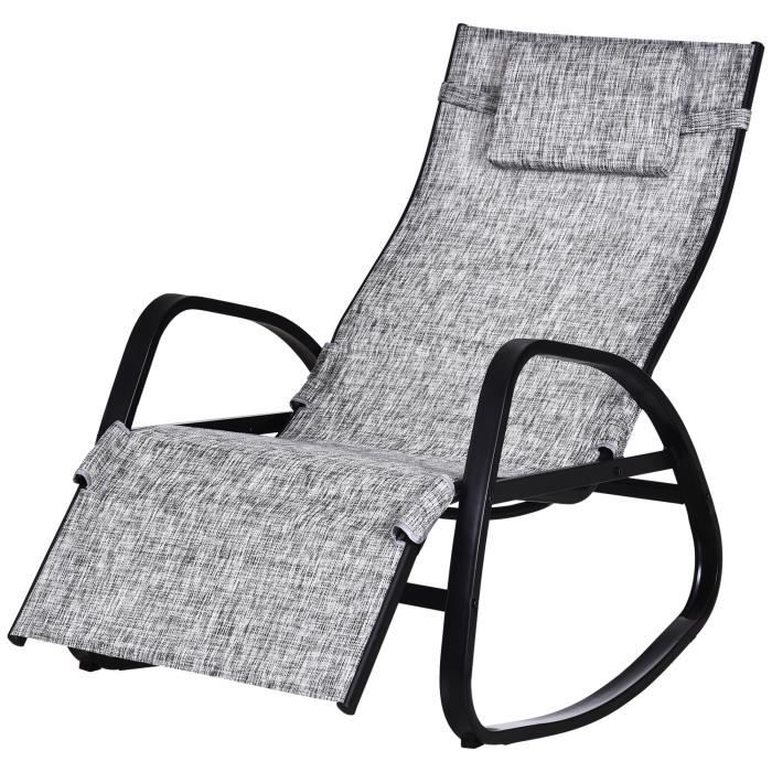 Fauteuil à bascule dossier inclinable réglable chaise longue pliable dim. 69L x 64l x 110H cm métal époxy noir textilène gris chiné