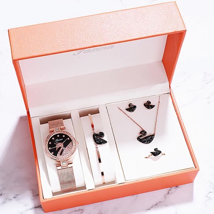 SHARPHY Coffret Montre Femme Bracelet Collier Anneau Boucles d'oreilles - Bijoux Cygne Quartz etanche Accessoires Noir