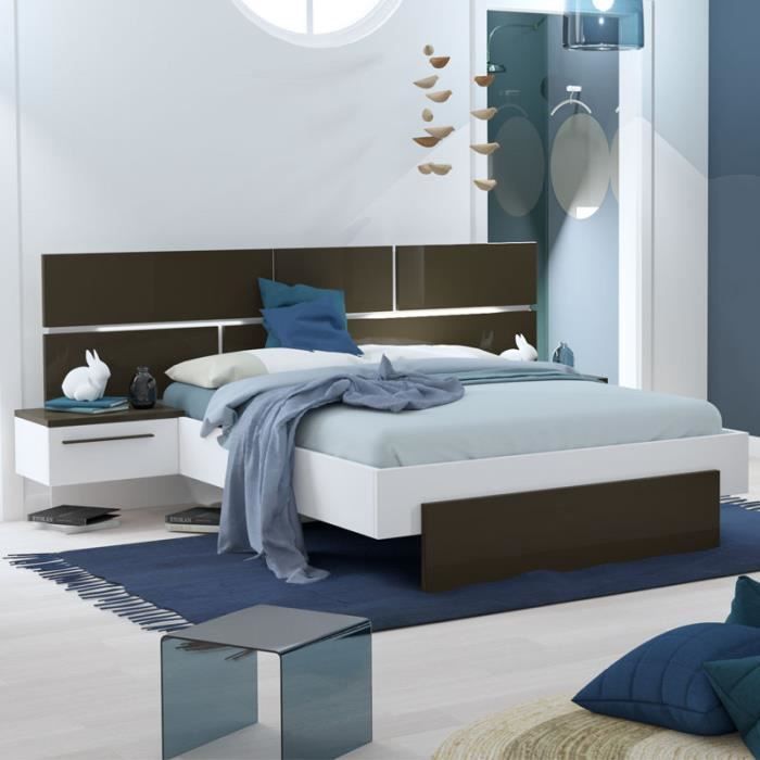 Cadre + Tête de lit 140*190 + chevets Gris anthracite/Blanc - FLORINE - L 244 x l 198 x H 40/102