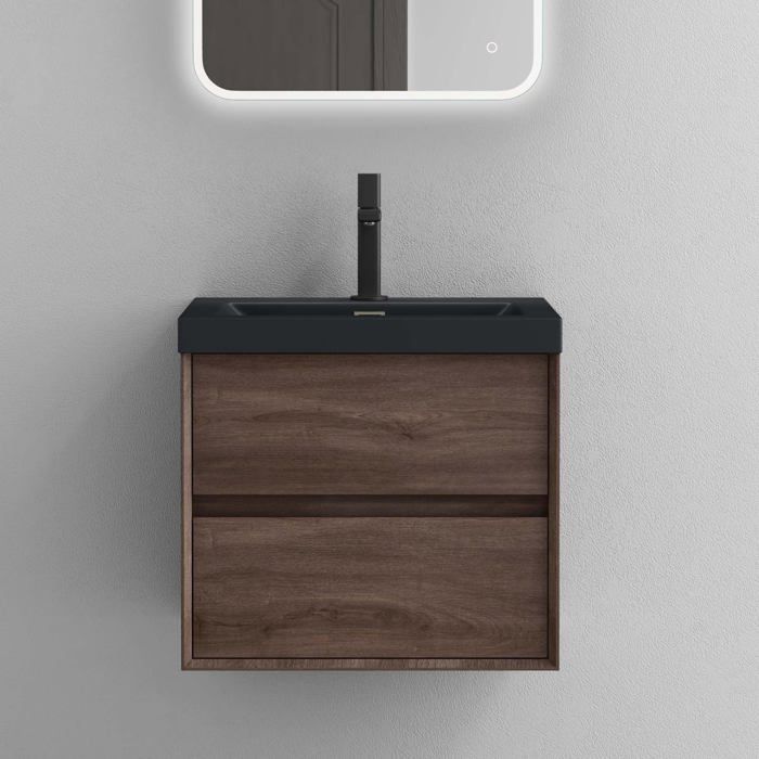 Meuble Sous Lavabo Suspendu Gris Foncé 70x46x56 Cm - 2 Tiroirs, Lavabo En Surface Solide, Bonde Incluse - MDF Mélamine étanche - Montage Facile