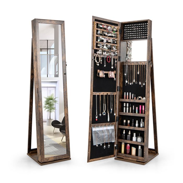 COSTWAY Armoire à Bijoux 2 en 1 sur Pieds Miroir Pleine Longueur et Miroir Intégré Clés Verrouillable Grande Capacité Marron COSTWAY Armoire à Bijoux 2 en 1 sur Pieds Miroir Pleine Longueur et Miroir Intégré Clés Verrouillable Grande Capacité Marron