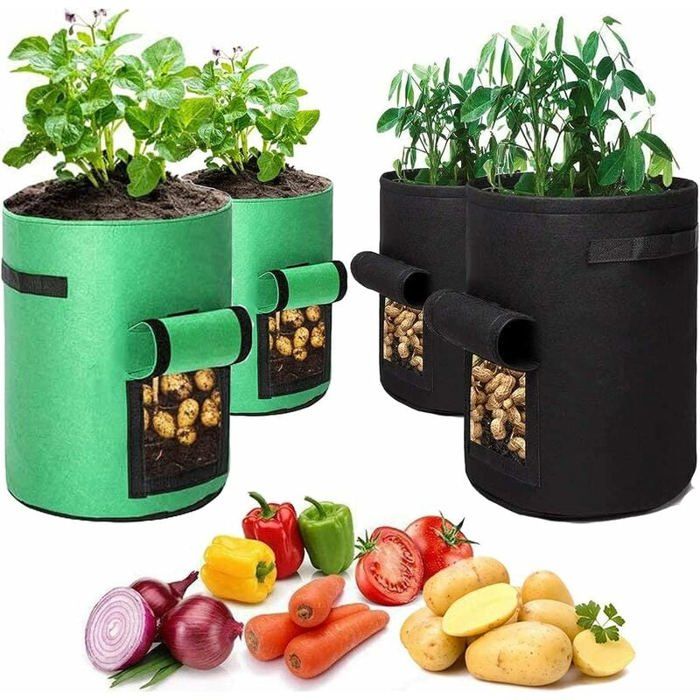 Lot De 5 Sacs De Plantation En Tissu 11L - Réutilisables, Respirants, Avec Poignées - Pour Tomates, Pommes De Terre, Légumes, Fleurs - 11
