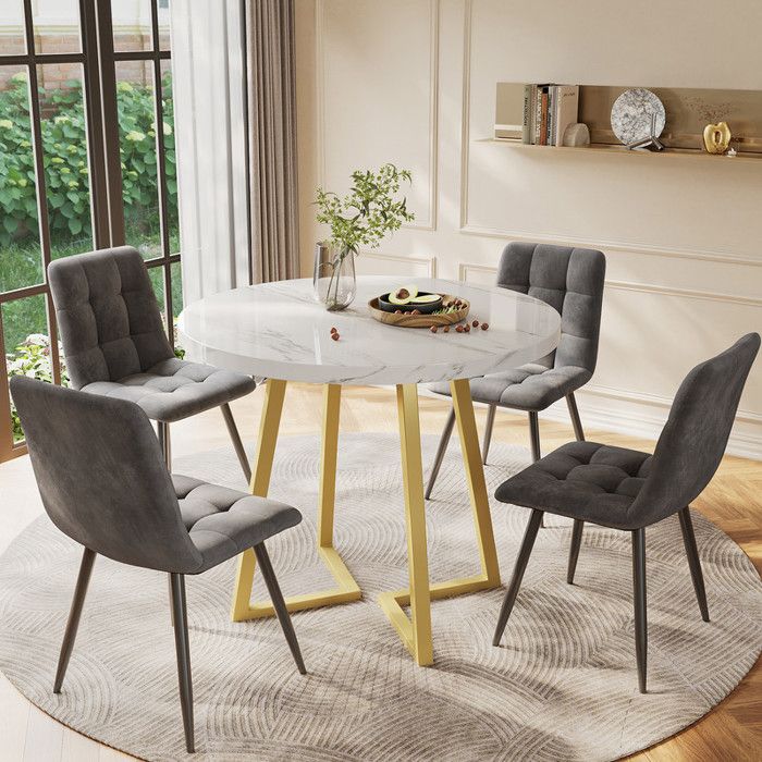 Ensemble de salle à manger - Table ronde 80 cm - 4 chaises en velours - Design moderne - Métal robuste