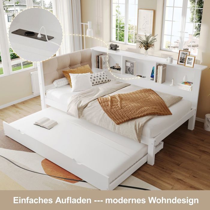 Canapé-Lit Lit gigogne blanc 90x200 pinède avec canapé bande LED dimmable étagère et port USB - Sans Matelas Canapé-Lit Lit gigogne blanc 90x200 pinède avec canapé bande LED dimmable étagère et port USB - Sans Matelas